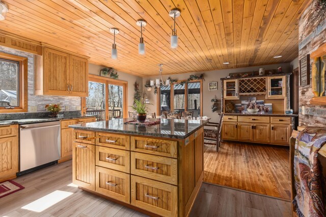 1378 Larrup Trl SW, Pine River, MN 56474 - kitchen featuring dishwasher, a kitchen island, wooden ceiling, light wood-style floors, and decorative light fixtures