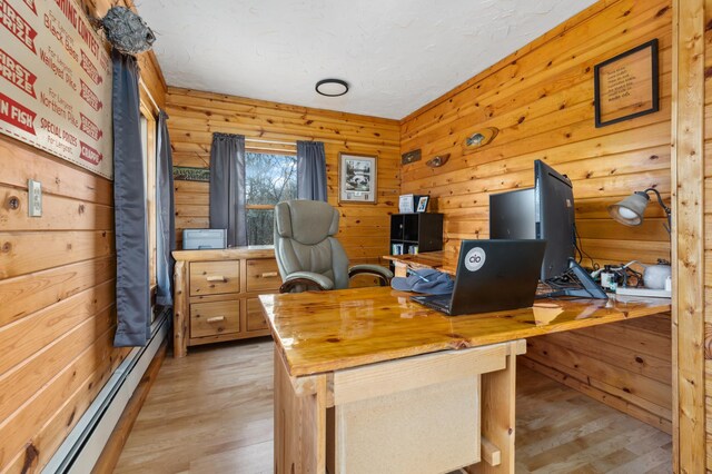 1378 Larrup Trl SW, Pine River, MN 56474 - office with baseboard heating, light wood-type flooring, and wood walls