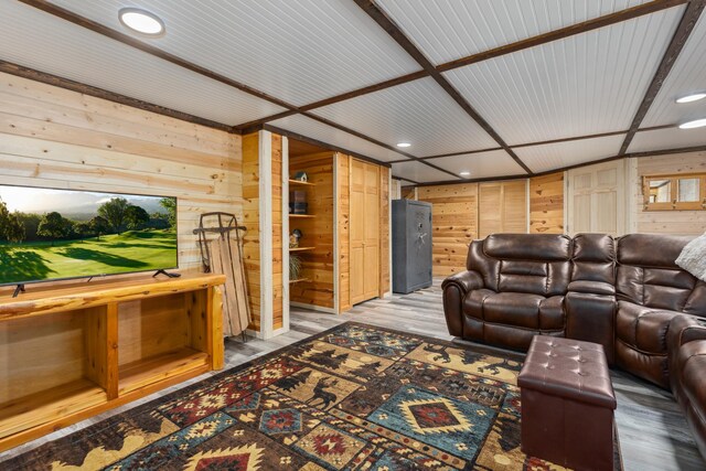 1378 Larrup Trl SW, Pine River, MN 56474 - living room featuring wood walls, recessed lighting, and light wood-style floors
