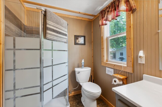 1378 Larrup Trl SW, Pine River, MN 56474 - full bathroom featuring a shower stall, toilet, and wooden walls