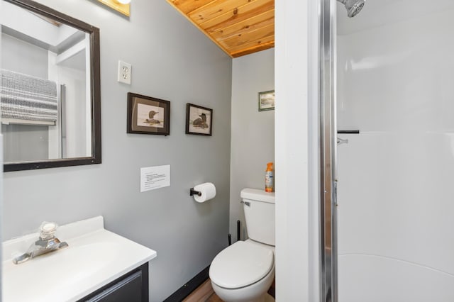 1378 Larrup Trl SW, Pine River, MN 56474 - full bathroom with vanity, wood ceiling, toilet, and a shower