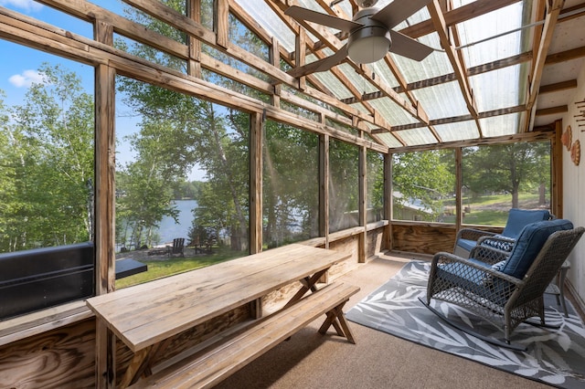 1378 Larrup Trl SW, Pine River, MN 56474 - sunroom / solarium featuring ceiling fan, vaulted ceiling, and a water view