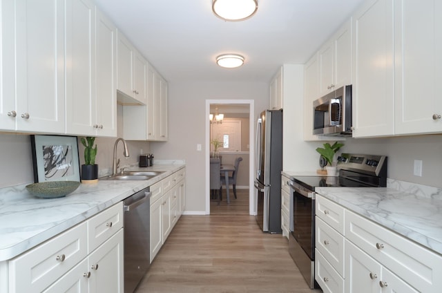 kitchen with stainless steel appliances, sink, white cabinets, and light hardwood / wood-style flooring