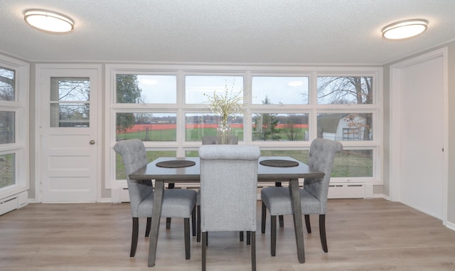 dining room featuring a baseboard heating unit, a textured ceiling, light wood-style flooring, and plenty of natural light