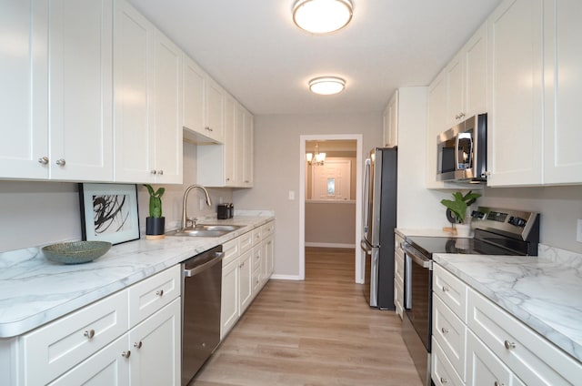 kitchen featuring light wood finished floors, a sink, appliances with stainless steel finishes, and white cabinetry