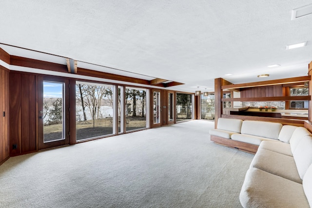 carpeted living room with a textured ceiling, wood walls, and a wealth of natural light