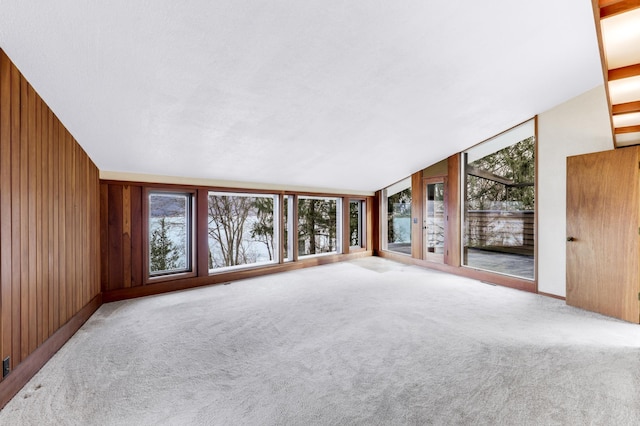 empty room featuring carpet, wood walls, and lofted ceiling