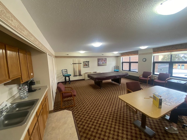 game room featuring lofted ceiling, sink, billiards, a textured ceiling, and light colored carpet