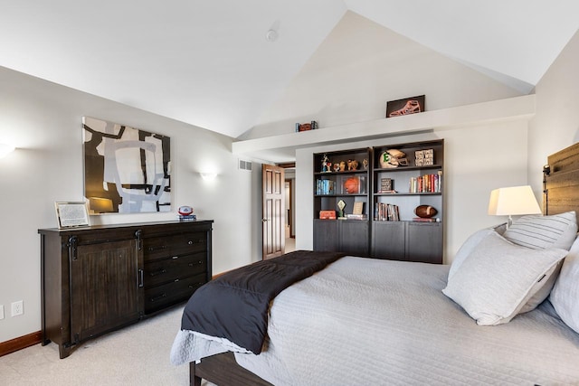 bedroom featuring high vaulted ceiling, light carpet, visible vents, and baseboards