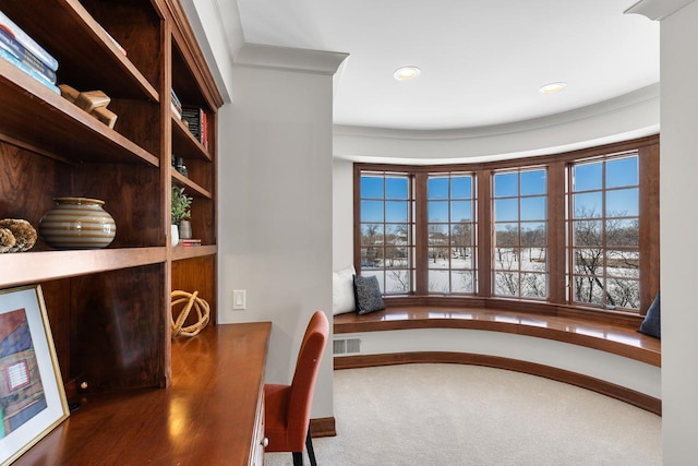 carpeted office space featuring baseboards, visible vents, and recessed lighting