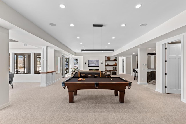 recreation room with baseboards, french doors, recessed lighting, and light colored carpet