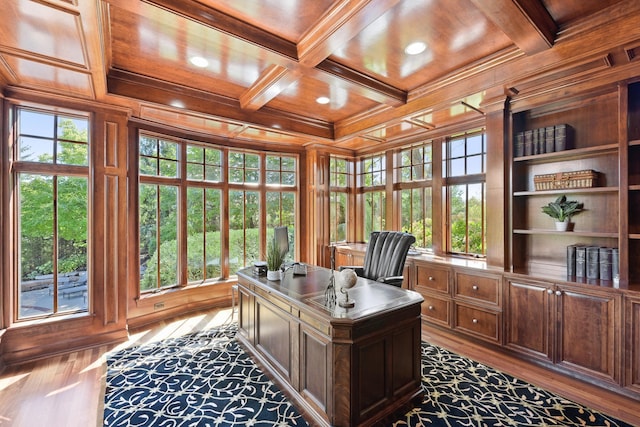 office area featuring wooden walls, coffered ceiling, wooden ceiling, beamed ceiling, and a healthy amount of sunlight