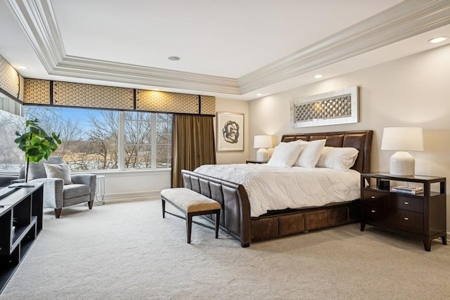 bedroom featuring light carpet, ornamental molding, a raised ceiling, and recessed lighting