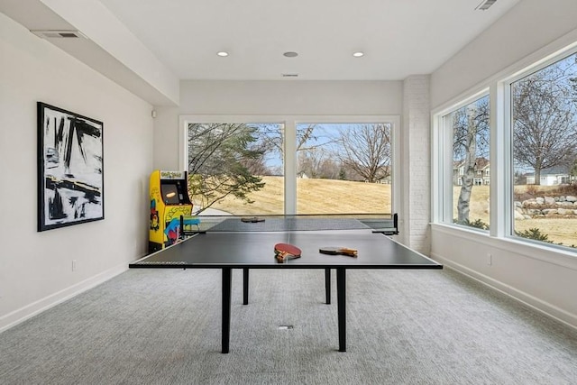 playroom with carpet floors, recessed lighting, visible vents, and baseboards