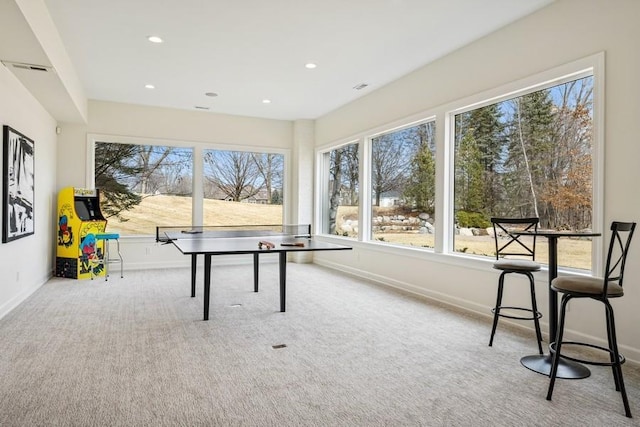 game room featuring carpet floors, recessed lighting, and baseboards