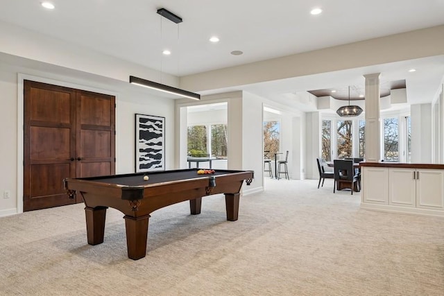 rec room with light carpet, pool table, and recessed lighting