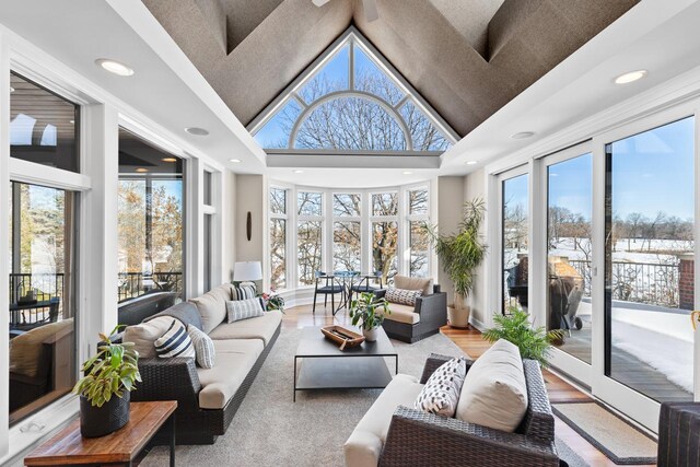 18313 Nicklaus Way, Eden Prairie, MN 55347 - sunroom / solarium featuring french doors, wood finished floors, recessed lighting, and high vaulted ceiling