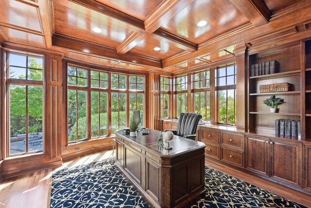 18313 Nicklaus Way, Eden Prairie, MN 55347 - office featuring coffered ceiling, recessed lighting, wood finished floors, wood ceiling, and beam ceiling