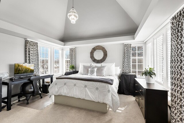 18313 Nicklaus Way, Eden Prairie, MN 55347 - bedroom featuring vaulted ceiling, light carpet, and a chandelier