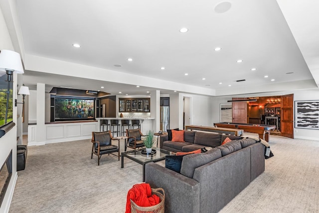 18313 Nicklaus Way, Eden Prairie, MN 55347 - living room with light carpet, bar, recessed lighting, and pool table