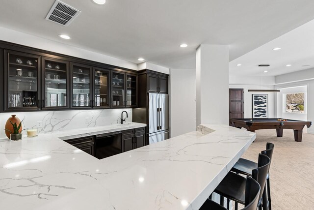 18313 Nicklaus Way, Eden Prairie, MN 55347 - indoor wet bar featuring high end refrigerator, dishwasher, recessed lighting, light colored carpet, and pool table