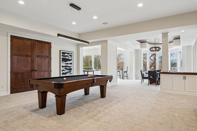 18313 Nicklaus Way, Eden Prairie, MN 55347 - game room featuring light carpet, billiards table, baseboards, and recessed lighting