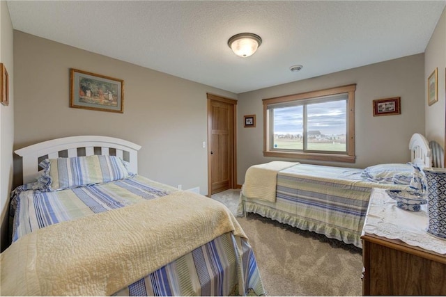 bedroom with a textured ceiling and carpet