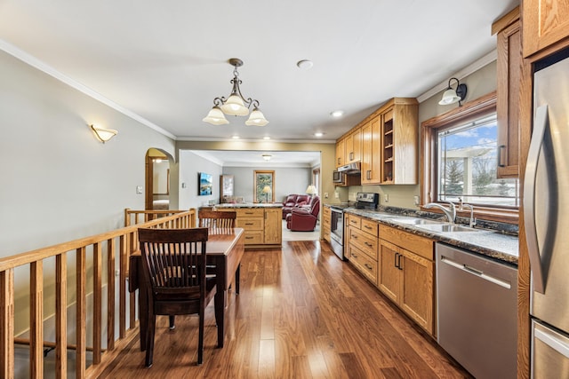 kitchen featuring appliances with stainless steel finishes, decorative light fixtures, sink, ornamental molding, and dark wood-type flooring