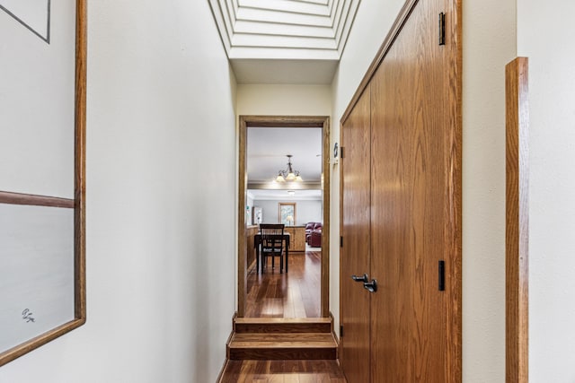 hall with a skylight and hardwood / wood-style floors