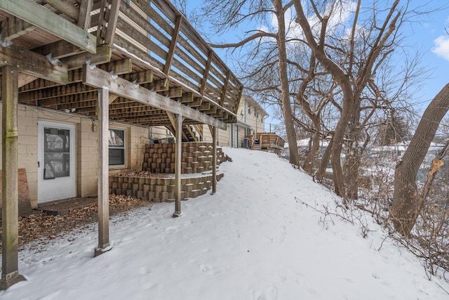 yard layered in snow with stairway