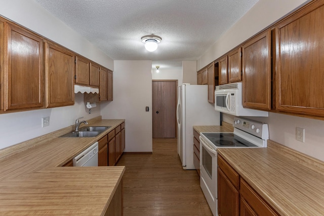 kitchen featuring white appliances, a textured ceiling, sink, and dark hardwood / wood-style floors