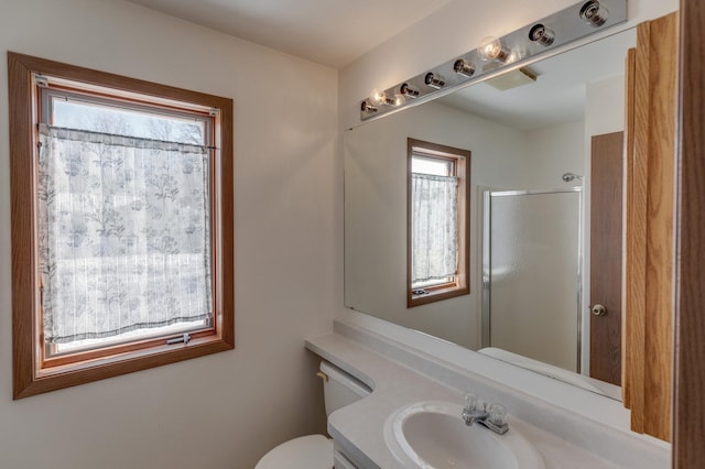 bathroom with vanity, toilet, and walk in shower