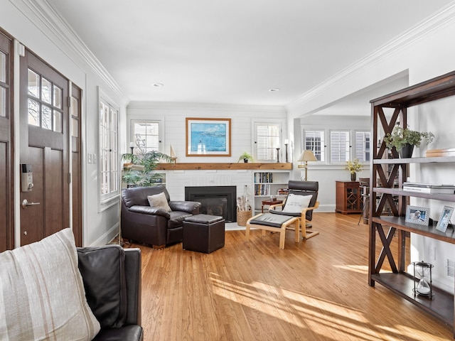 living room with crown molding, a fireplace, and light hardwood / wood-style floors