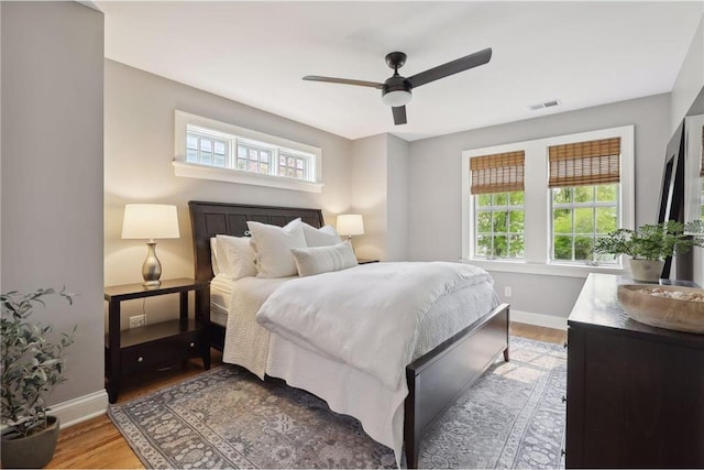 bedroom with ceiling fan and wood-type flooring