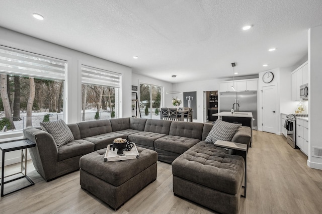 living room with sink, a textured ceiling, and light wood-type flooring