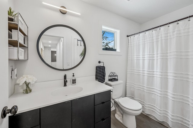 bathroom with vanity, wood-type flooring, and toilet