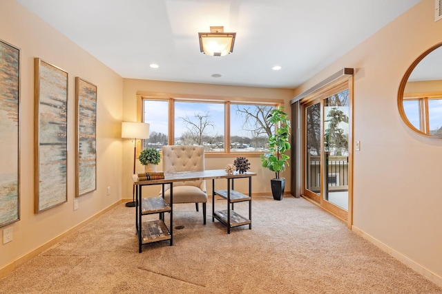 home office featuring light carpet