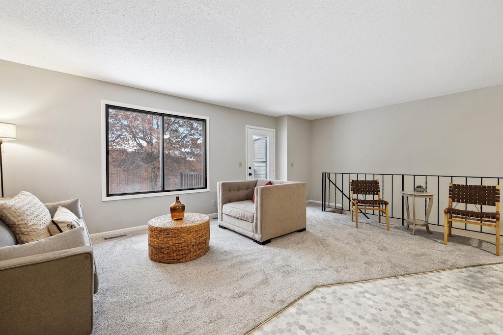 living room featuring carpet floors and a textured ceiling