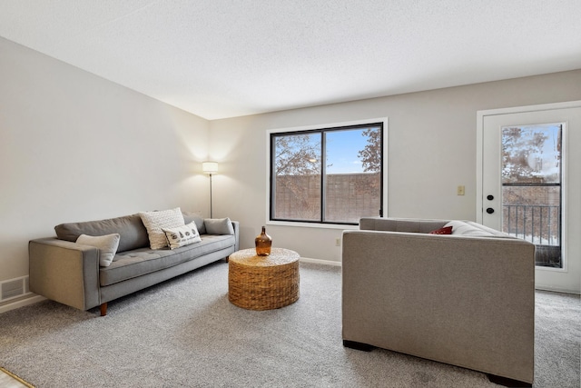 carpeted living room featuring a textured ceiling