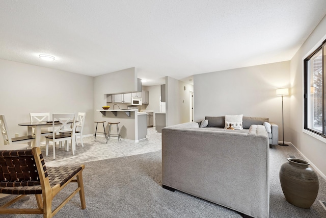 carpeted living room with a textured ceiling