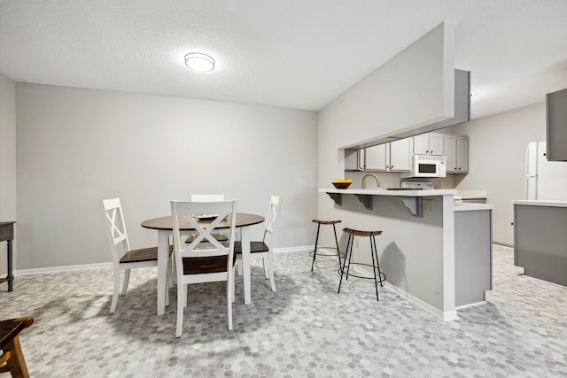 dining space featuring sink, light colored carpet, and a textured ceiling