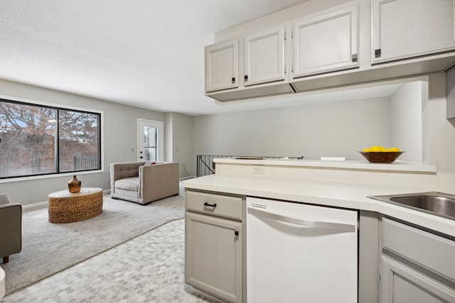 kitchen with white dishwasher and light colored carpet