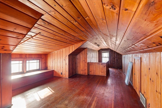 additional living space with dark hardwood / wood-style flooring, wood ceiling, wooden walls, and vaulted ceiling