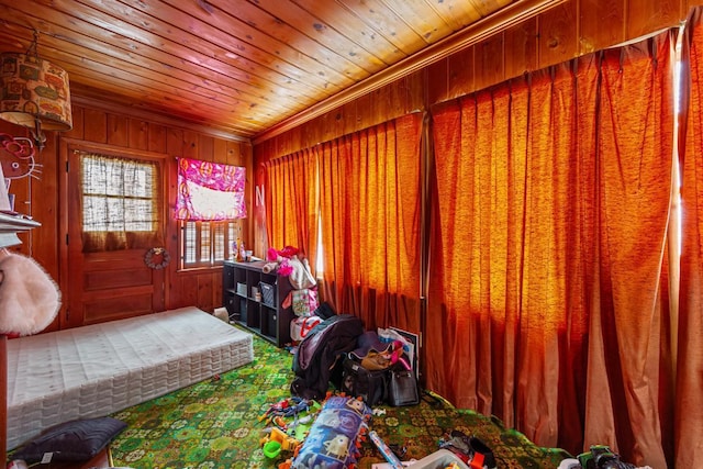 interior space with wood ceiling, crown molding, and wood walls