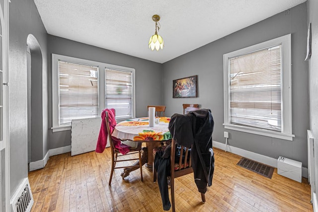 dining area featuring hardwood / wood-style floors, a textured ceiling, and a wealth of natural light