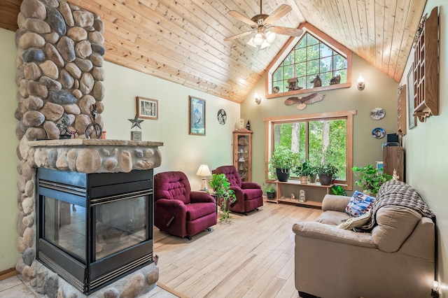 interior space with high vaulted ceiling, wooden ceiling, hardwood / wood-style flooring, ceiling fan, and a fireplace