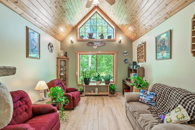 living room featuring high vaulted ceiling, wood ceiling, light hardwood / wood-style floors, and ceiling fan