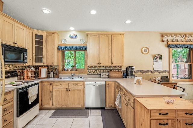 kitchen with sink, tasteful backsplash, light tile patterned floors, stainless steel dishwasher, and white range with electric cooktop