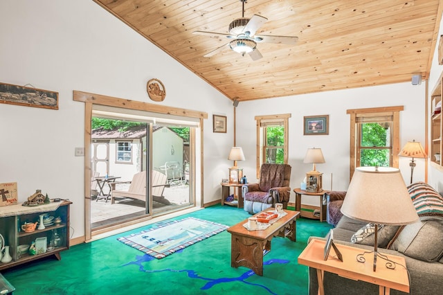 carpeted living room with wood ceiling, high vaulted ceiling, and ceiling fan