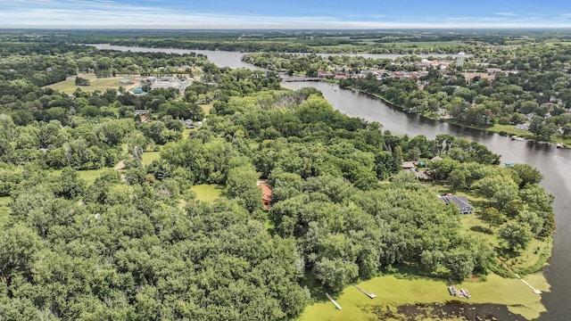 drone / aerial view with a water view